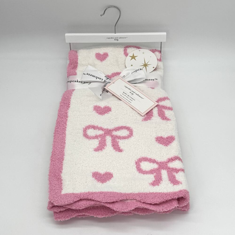 Cupcakes & Cashmere Pink Bows Hearts Baby Blanket Chenille 40”x30 NEW